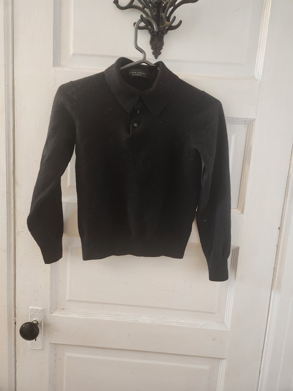 Neiman Marcus Black Crewneck Polo Sweater